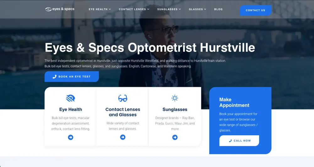 Eyes & Specs Optometrist website screenshot
